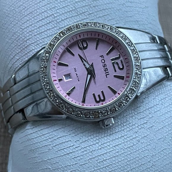 Fossil Women Wristwatch Pink Face Date Calendar Quartz Silver tone Watch - Picture 3 of 9